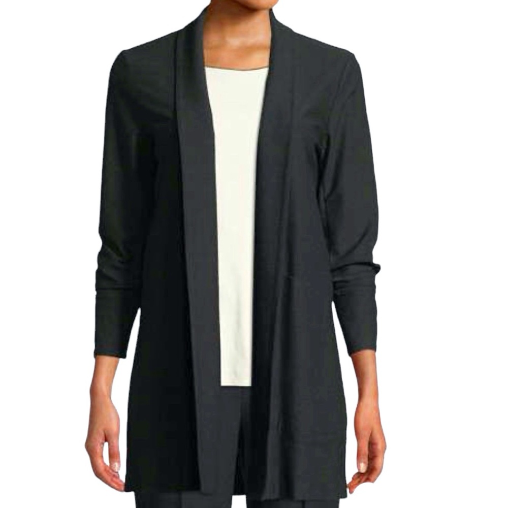 EILEEN FISHER BLACK OPEN FRONT STRETCH CREPE LONG JACKET BLAZER